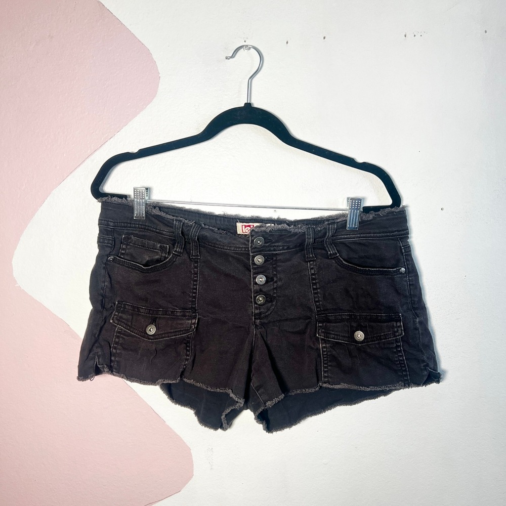 Vtg Y2K Low Rise Denim Shorts Size 15 Black Button Fly Cargo Pockets